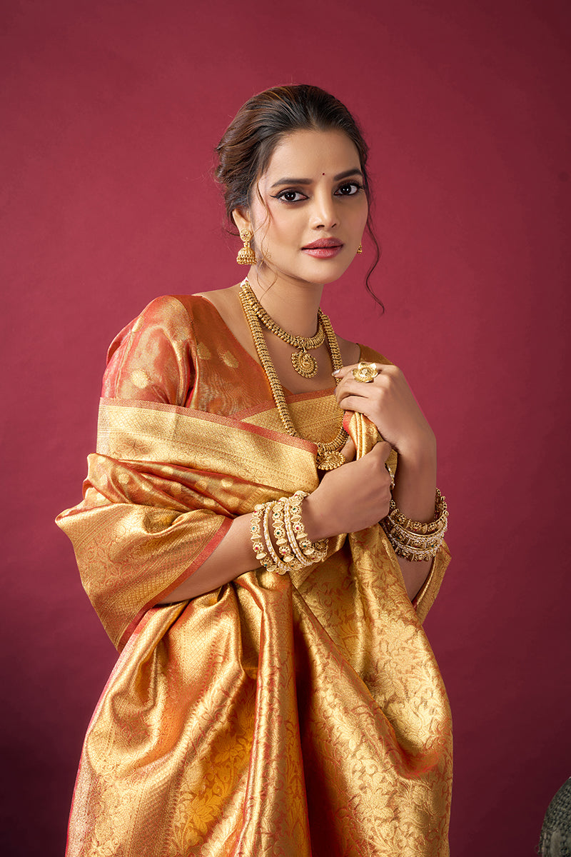 Monjolika Fashion Orange Soft Banarasi Tissue Silk Blend Weaving Saree With Blouse Piece | Grocsy