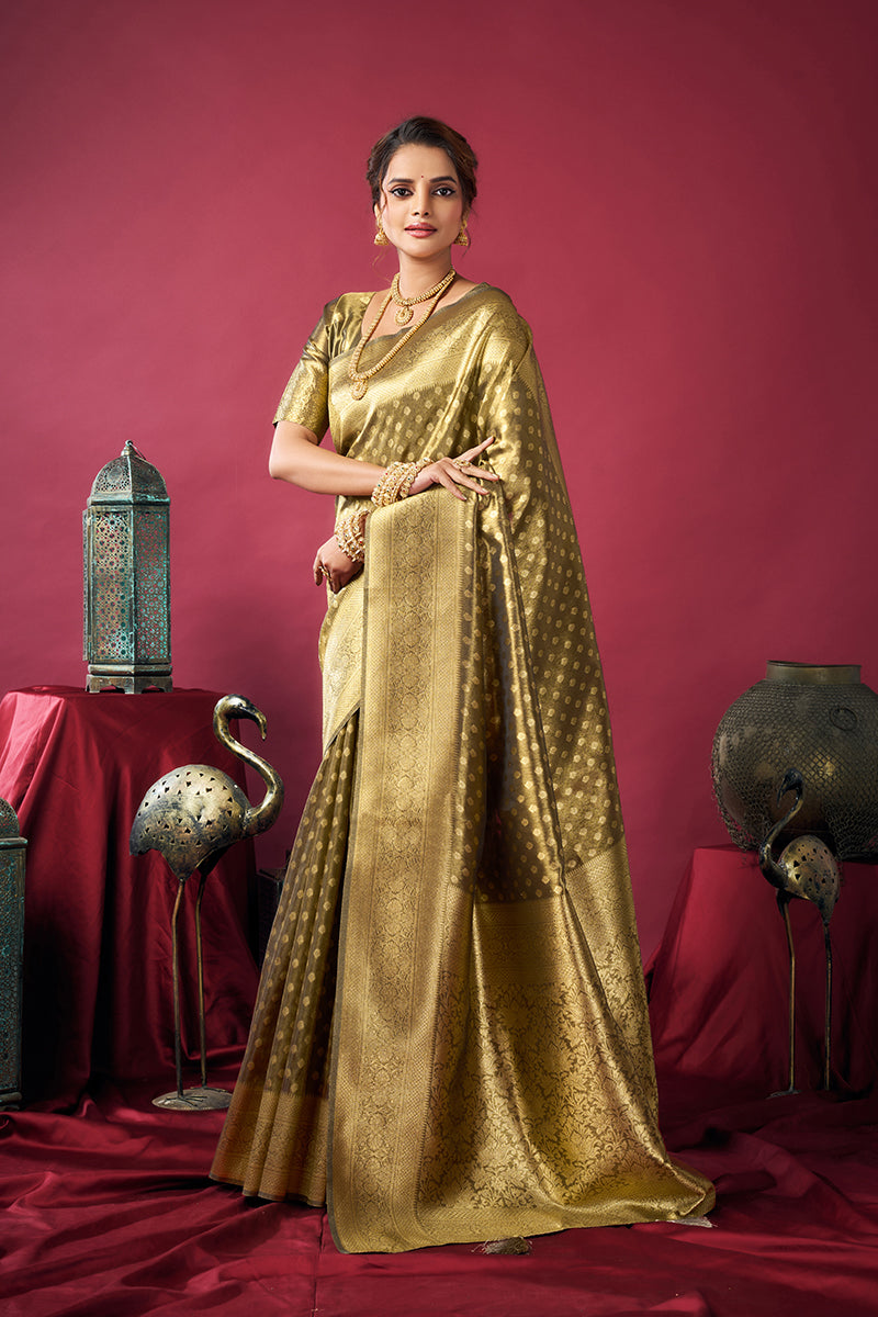 Monjolika Fashion Olive Green Soft Banarasi Tissue Silk Blend Weaving Saree With Blouse Piece | Grocsy