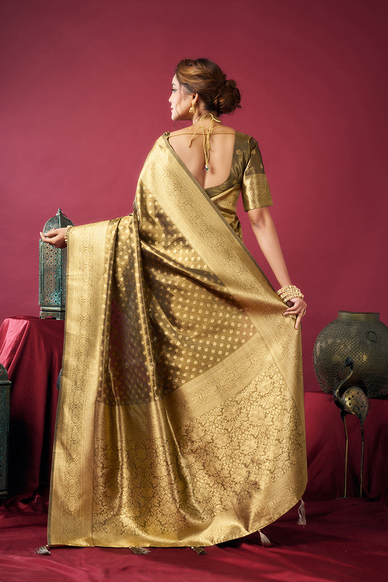 Monjolika Fashion Olive Green Soft Banarasi Tissue Silk Blend Weaving Saree With Blouse Piece | Grocsy