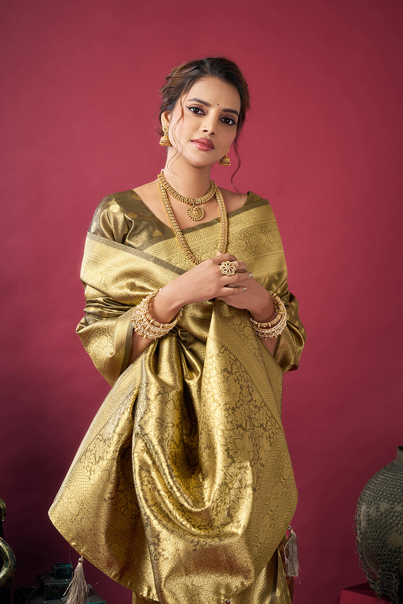Monjolika Fashion Olive Green Soft Banarasi Tissue Silk Blend Weaving Saree With Blouse Piece | Grocsy