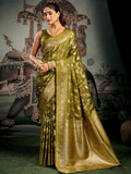 Monjolika Fashion Olive Green Woven Soft Kanjivaram Style Silk Blend Saree for Wedding | Grocsy