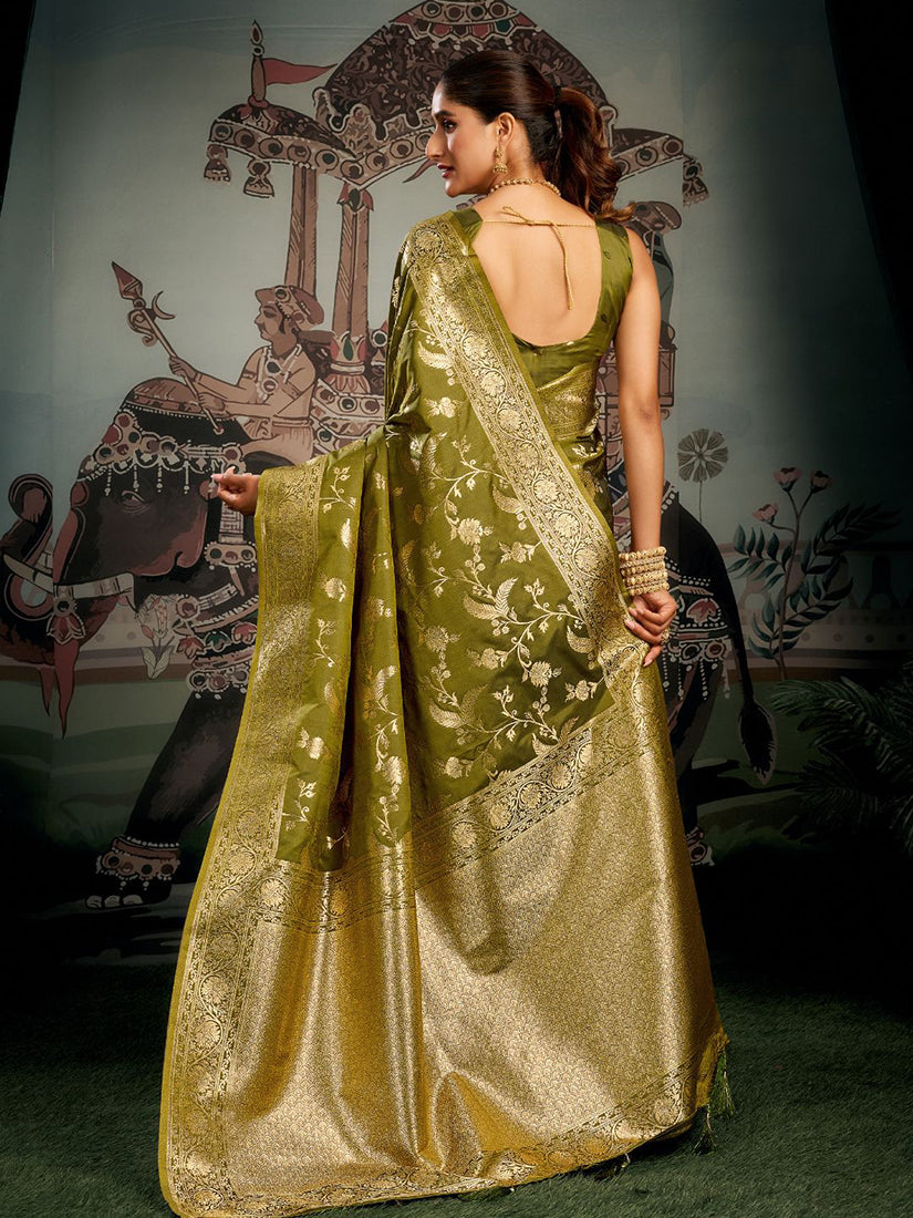 Monjolika Fashion Olive Green Woven Soft Kanjivaram Style Silk Blend Saree for Wedding | Grocsy