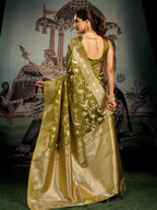 Monjolika Fashion Olive Green Woven Soft Kanjivaram Style Silk Blend Saree for Wedding | Grocsy