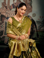 Monjolika Fashion Olive Green Woven Soft Kanjivaram Style Silk Blend Saree for Wedding | Grocsy