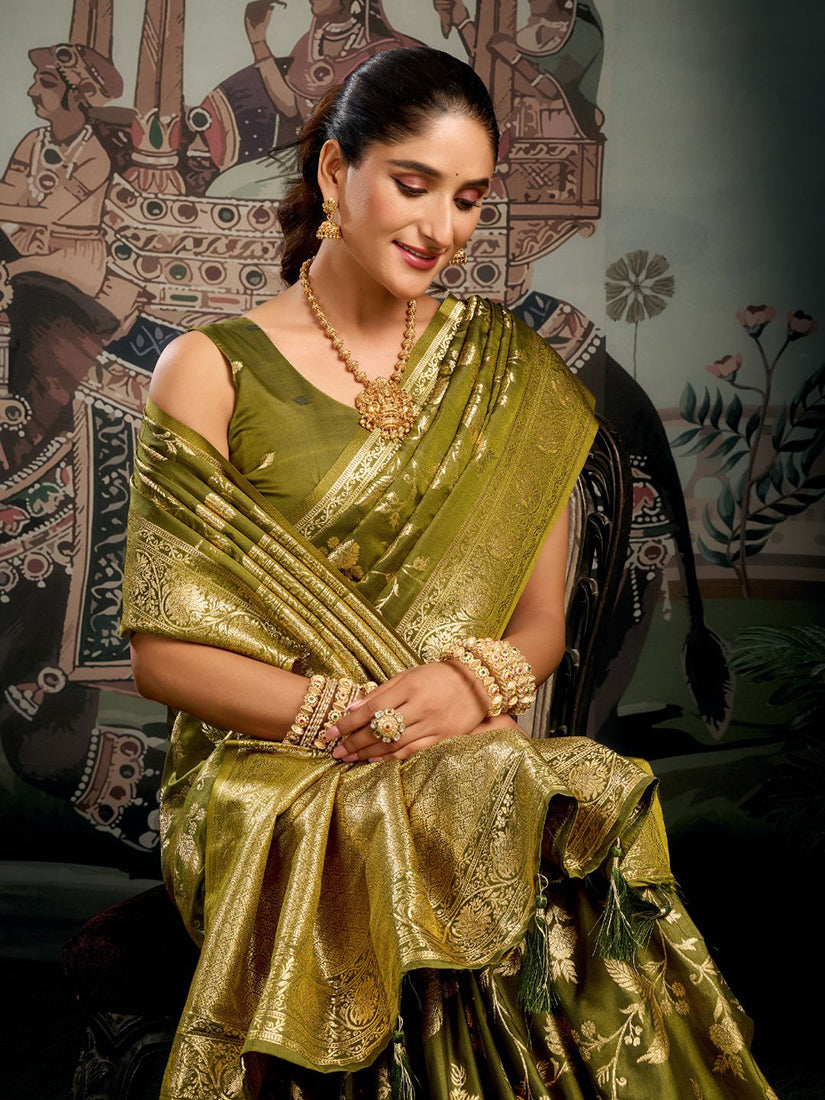 Monjolika Fashion Olive Green Woven Soft Kanjivaram Style Silk Blend Saree for Wedding | Grocsy
