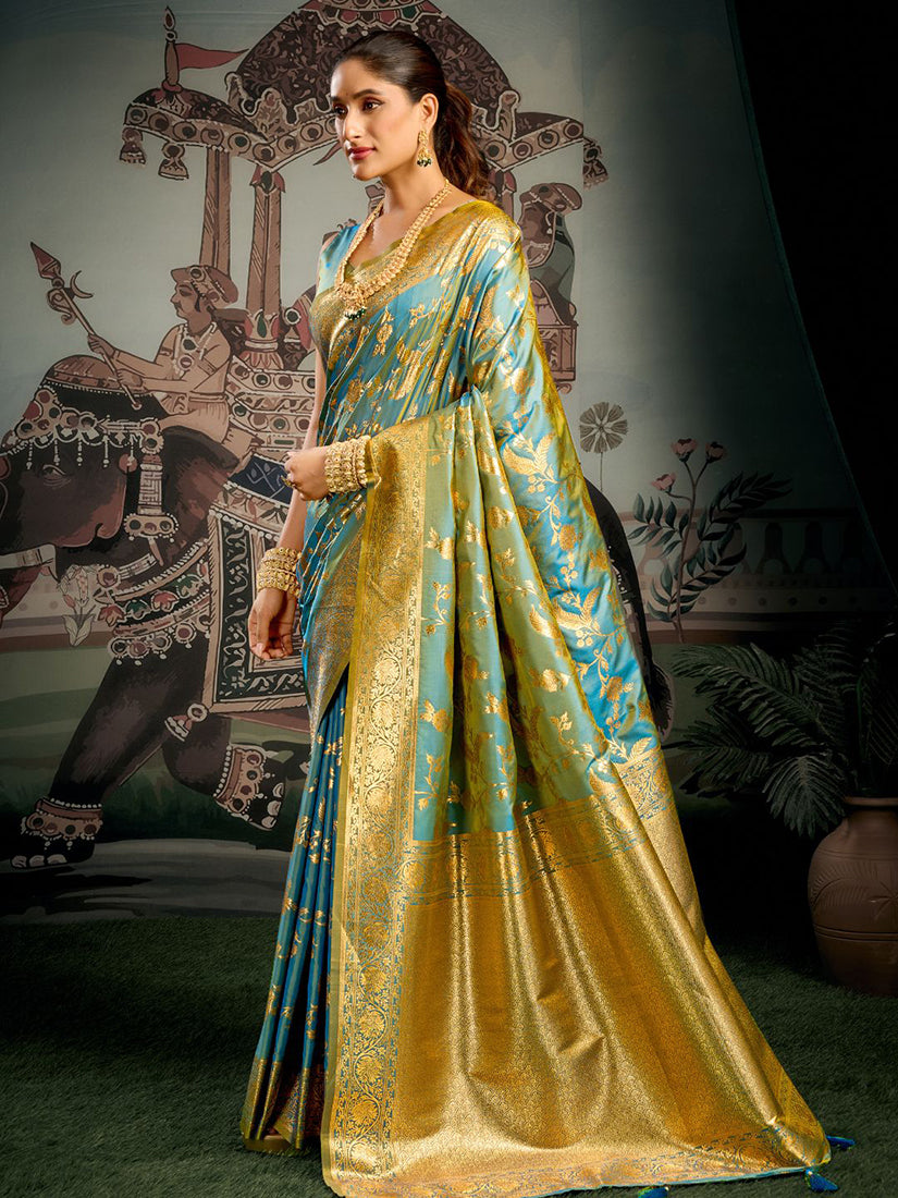 Monjolika Fashion Turquoise Woven Soft Kanjivaram Style Silk Blend Saree for Wedding | Grocsy