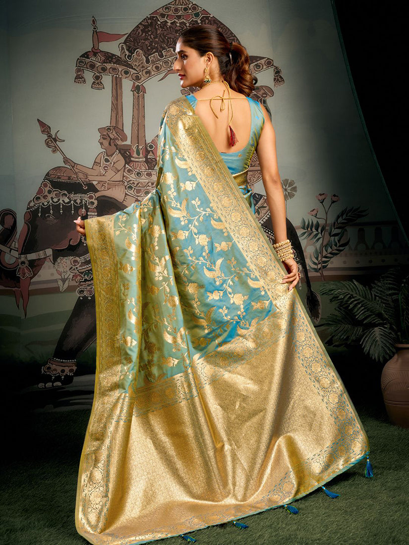 Monjolika Fashion Turquoise Woven Soft Kanjivaram Style Silk Blend Saree for Wedding | Grocsy