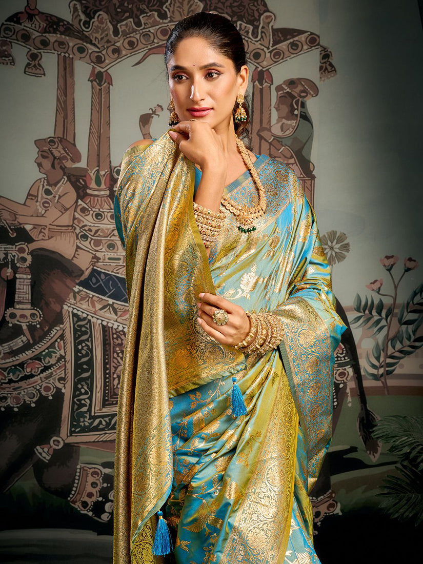 Monjolika Fashion Turquoise Woven Soft Kanjivaram Style Silk Blend Saree for Wedding | Grocsy