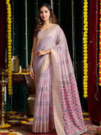 Monjolika Fashion Lavender Handloom Cotton Blend Geometric Threadwork Saree with Blouse Piece | Grocsy