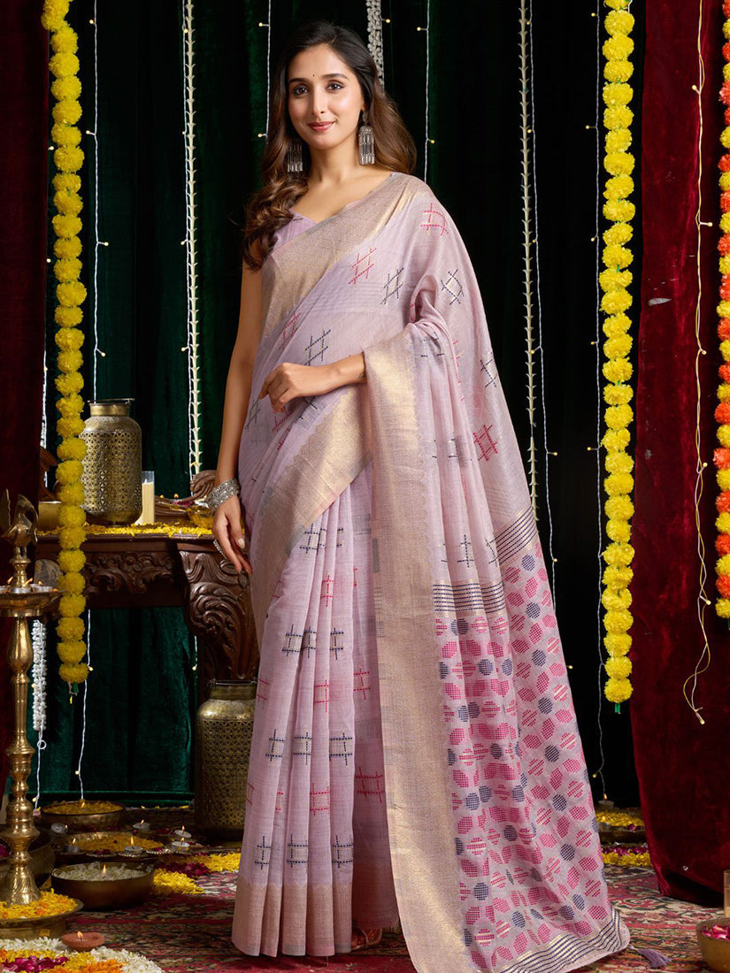 Monjolika Fashion Lavender Handloom Cotton Blend Geometric Threadwork Saree with Blouse Piece | Grocsy