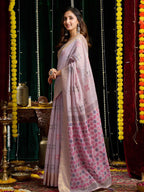 Monjolika Fashion Lavender Handloom Cotton Blend Geometric Threadwork Saree with Blouse Piece | Grocsy