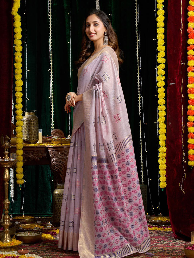 Monjolika Fashion Lavender Handloom Cotton Blend Geometric Threadwork Saree with Blouse Piece | Grocsy