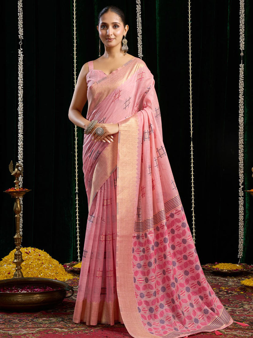 Monjolika Fashion Pink Handloom Cotton Blend Geometric Threadwork Saree with Blouse Piece | Grocsy