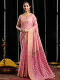 Monjolika Fashion Pink Handloom Cotton Blend Geometric Threadwork Saree with Blouse Piece | Grocsy