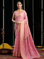Monjolika Fashion Pink Handloom Cotton Blend Geometric Threadwork Saree with Blouse Piece | Grocsy