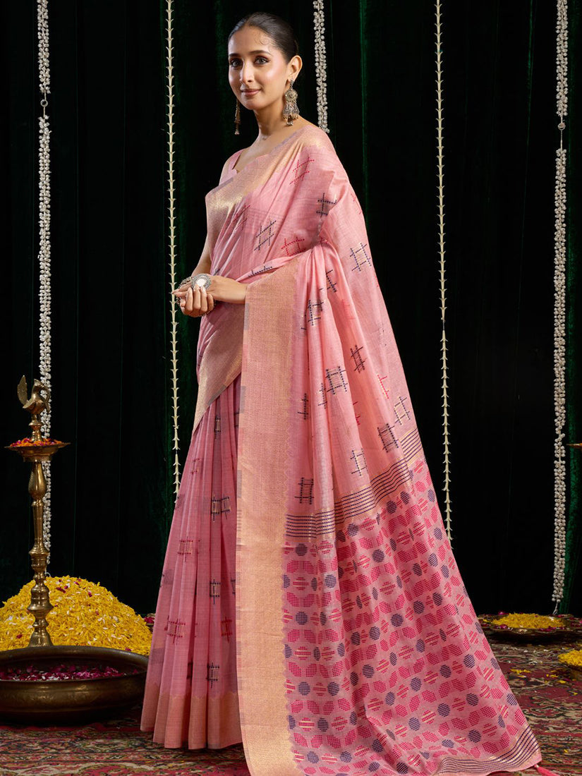 Monjolika Fashion Pink Handloom Cotton Blend Geometric Threadwork Saree with Blouse Piece | Grocsy