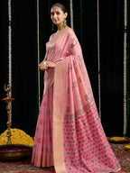 Monjolika Fashion Pink Handloom Cotton Blend Geometric Threadwork Saree with Blouse Piece | Grocsy