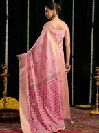 Monjolika Fashion Pink Handloom Cotton Blend Geometric Threadwork Saree with Blouse Piece | Grocsy