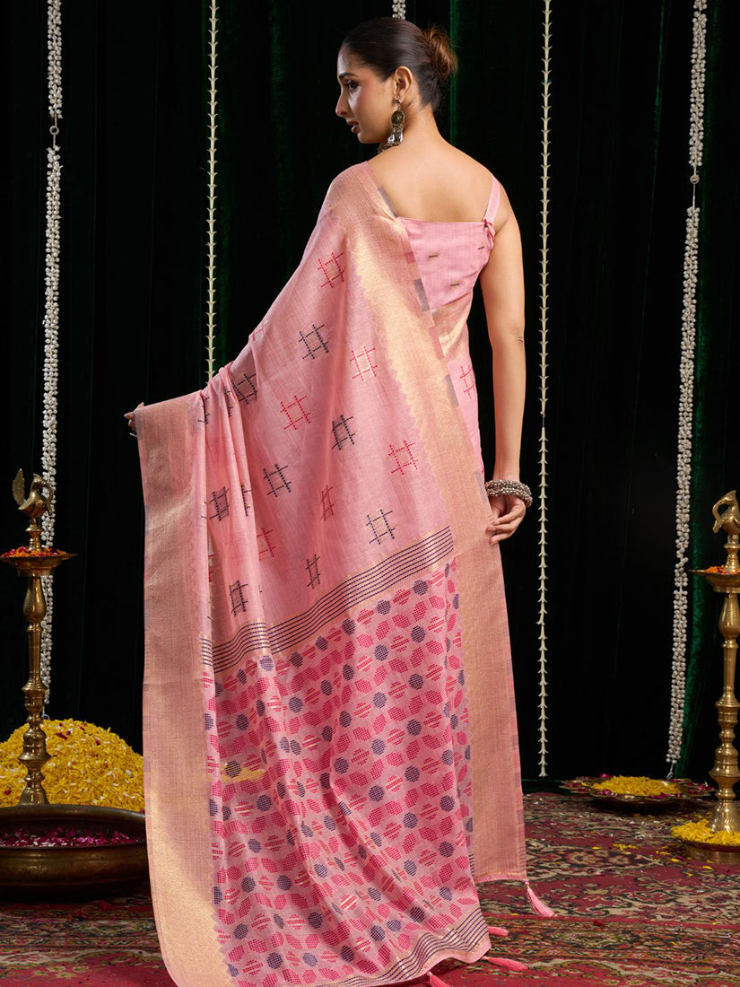Monjolika Fashion Pink Handloom Cotton Blend Geometric Threadwork Saree with Blouse Piece | Grocsy