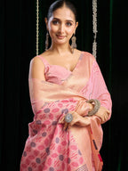 Monjolika Fashion Pink Handloom Cotton Blend Geometric Threadwork Saree with Blouse Piece | Grocsy