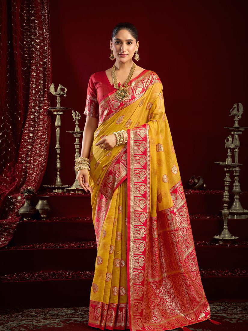 Monjolika Fashion Mustard Soft Banarasi Silk Blend Zari Woven Saree With Blouse Piece | Grocsy