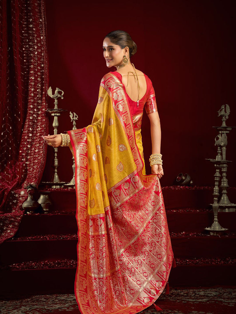 Monjolika Fashion Mustard Soft Banarasi Silk Blend Zari Woven Saree With Blouse Piece | Grocsy