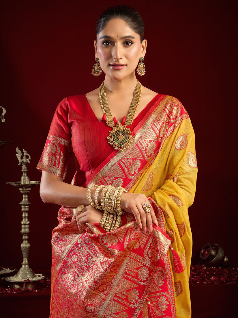Monjolika Fashion Mustard Soft Banarasi Silk Blend Zari Woven Saree With Blouse Piece | Grocsy