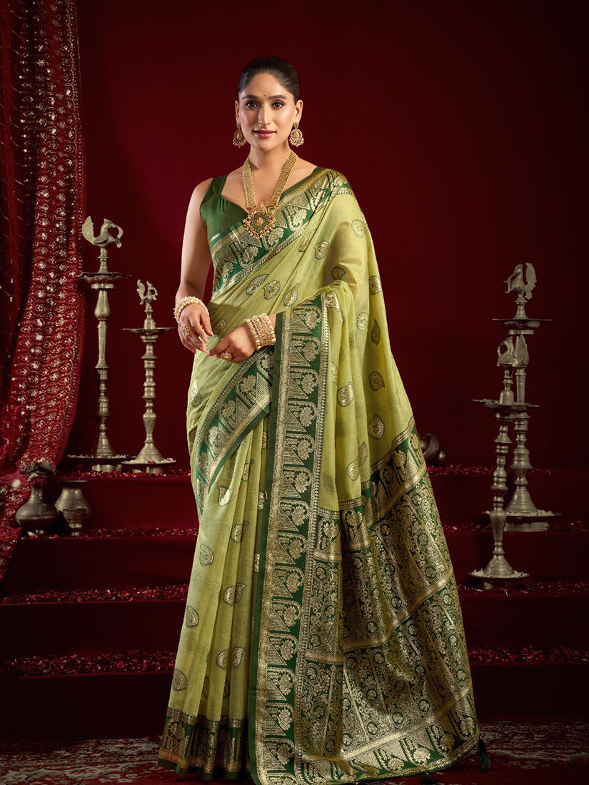 Monjolika Fashion Light Green Soft Banarasi Silk Blend Zari Woven Saree With Blouse Piece | Grocsy