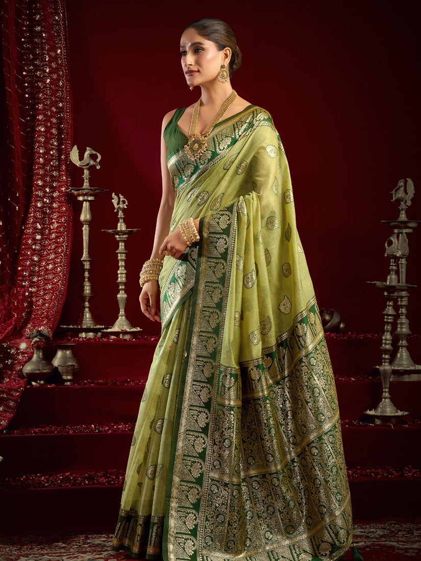 Monjolika Fashion Light Green Soft Banarasi Silk Blend Zari Woven Saree With Blouse Piece | Grocsy