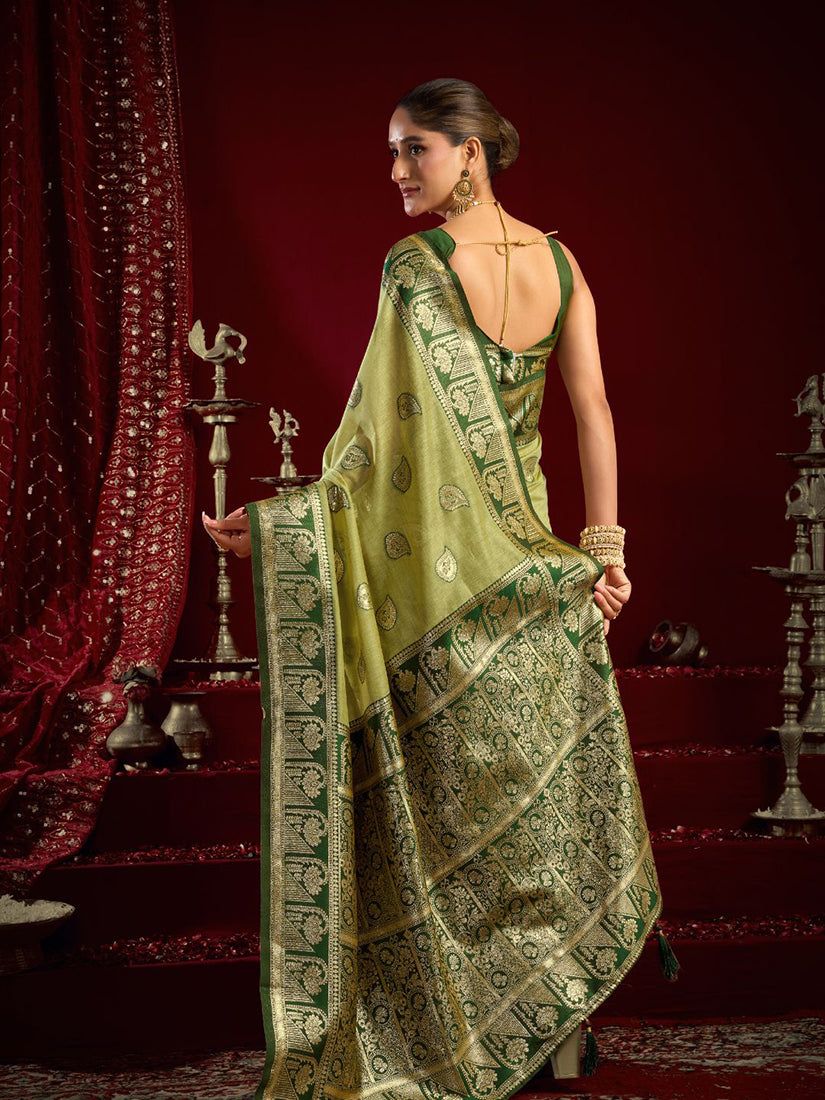 Monjolika Fashion Light Green Soft Banarasi Silk Blend Zari Woven Saree With Blouse Piece | Grocsy