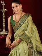 Monjolika Fashion Light Green Soft Banarasi Silk Blend Zari Woven Saree With Blouse Piece | Grocsy