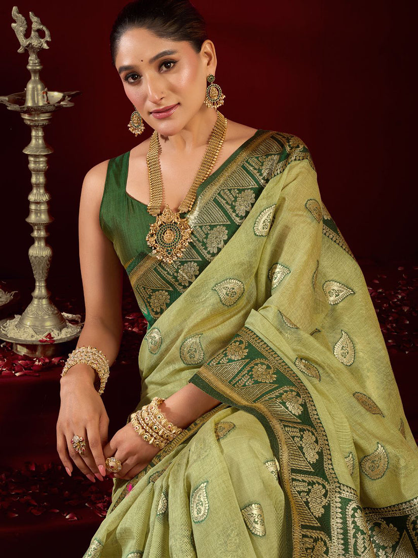 Monjolika Fashion Light Green Soft Banarasi Silk Blend Zari Woven Saree With Blouse Piece | Grocsy