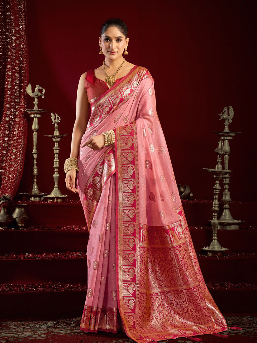 Monjolika Fashion Light Pink Soft Banarasi Silk Blend Zari Woven Saree With Blouse Piece | Grocsy