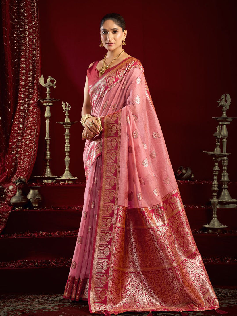 Monjolika Fashion Light Pink Soft Banarasi Silk Blend Zari Woven Saree With Blouse Piece | Grocsy