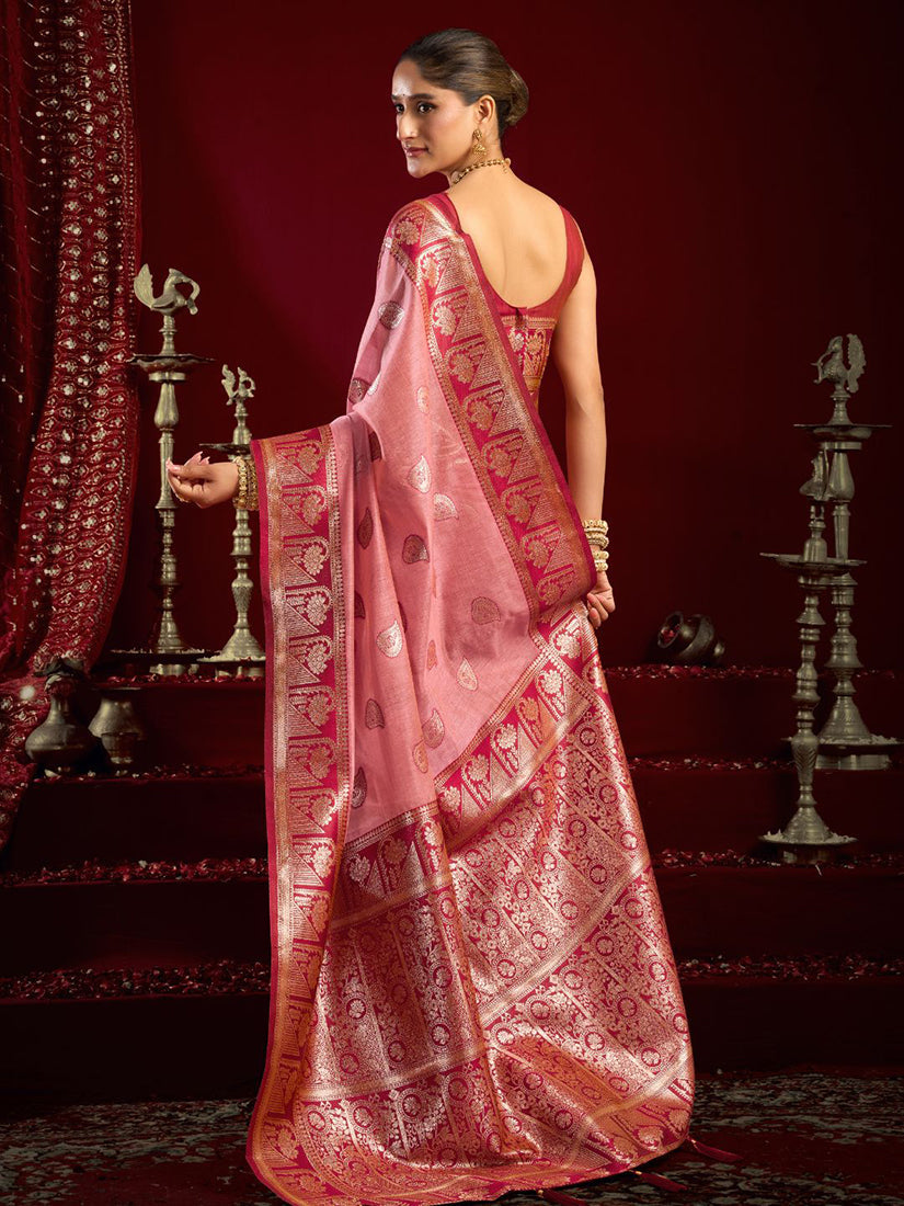 Monjolika Fashion Light Pink Soft Banarasi Silk Blend Zari Woven Saree With Blouse Piece | Grocsy