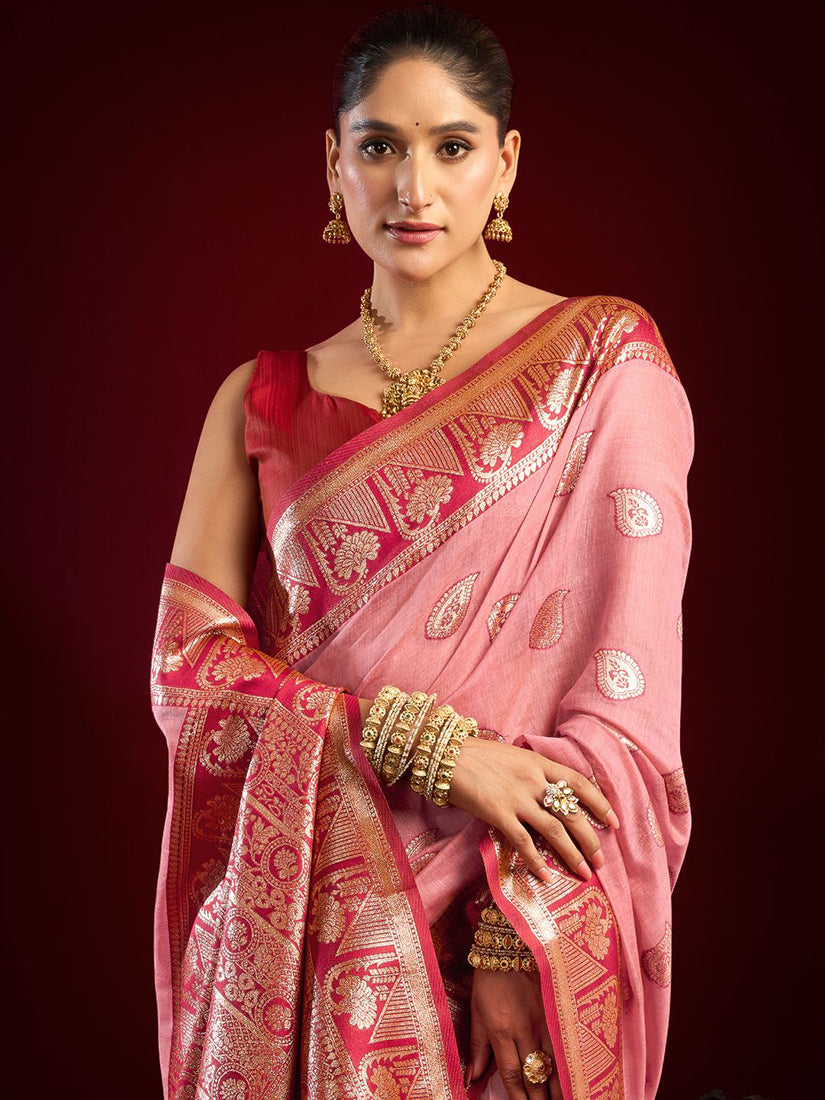 Monjolika Fashion Light Pink Soft Banarasi Silk Blend Zari Woven Saree With Blouse Piece | Grocsy