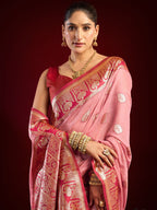 Monjolika Fashion Light Pink Soft Banarasi Silk Blend Zari Woven Saree With Blouse Piece | Grocsy