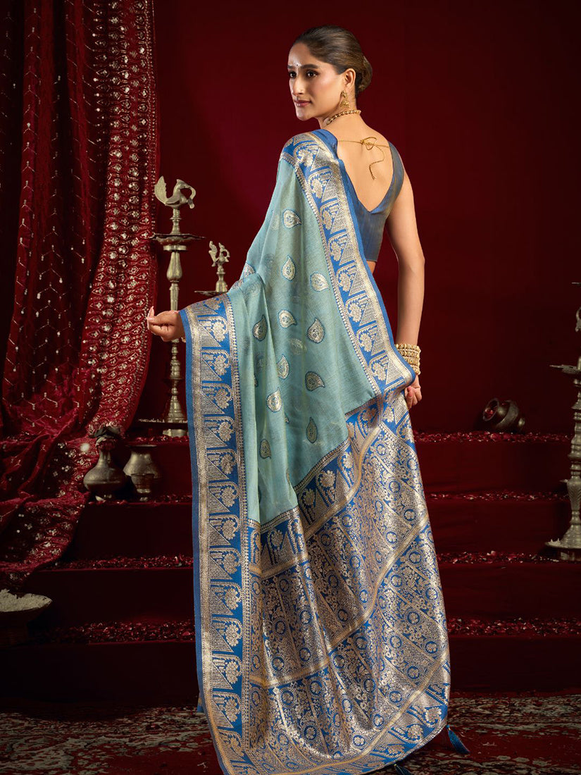 Monjolika Fashion Light Blue Soft Banarasi Silk Blend Zari Woven Saree With Blouse Piece | Grocsy