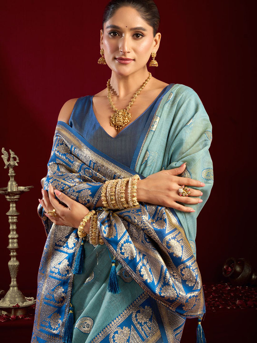 Monjolika Fashion Light Blue Soft Banarasi Silk Blend Zari Woven Saree With Blouse Piece | Grocsy