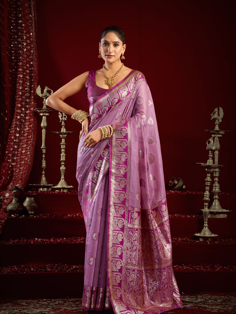Monjolika Fashion Lilac Soft Banarasi Silk Blend Zari Woven Saree With Blouse Piece | Grocsy