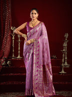 Monjolika Fashion Lilac Soft Banarasi Silk Blend Zari Woven Saree With Blouse Piece | Grocsy