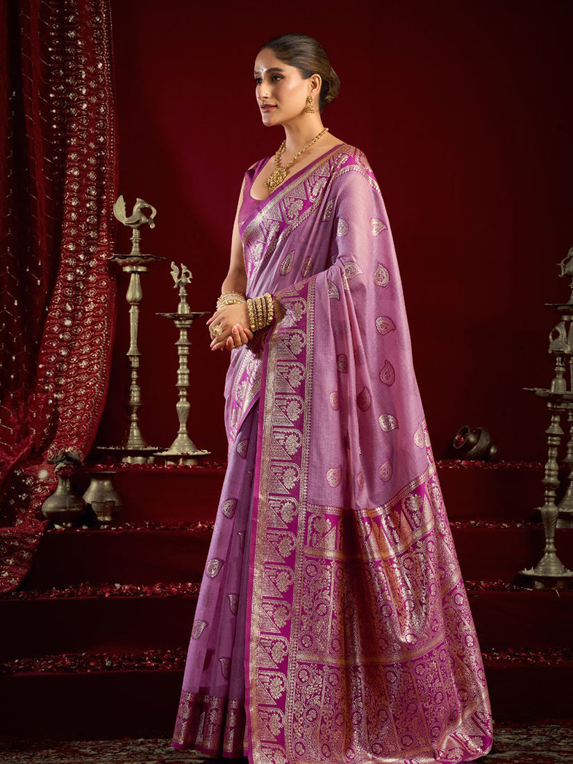 Monjolika Fashion Lilac Soft Banarasi Silk Blend Zari Woven Saree With Blouse Piece | Grocsy