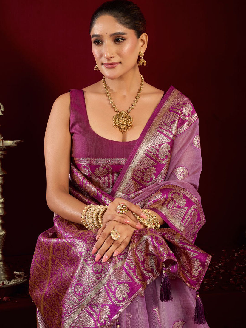 Monjolika Fashion Lilac Soft Banarasi Silk Blend Zari Woven Saree With Blouse Piece | Grocsy