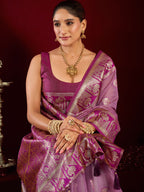 Monjolika Fashion Lilac Soft Banarasi Silk Blend Zari Woven Saree With Blouse Piece | Grocsy