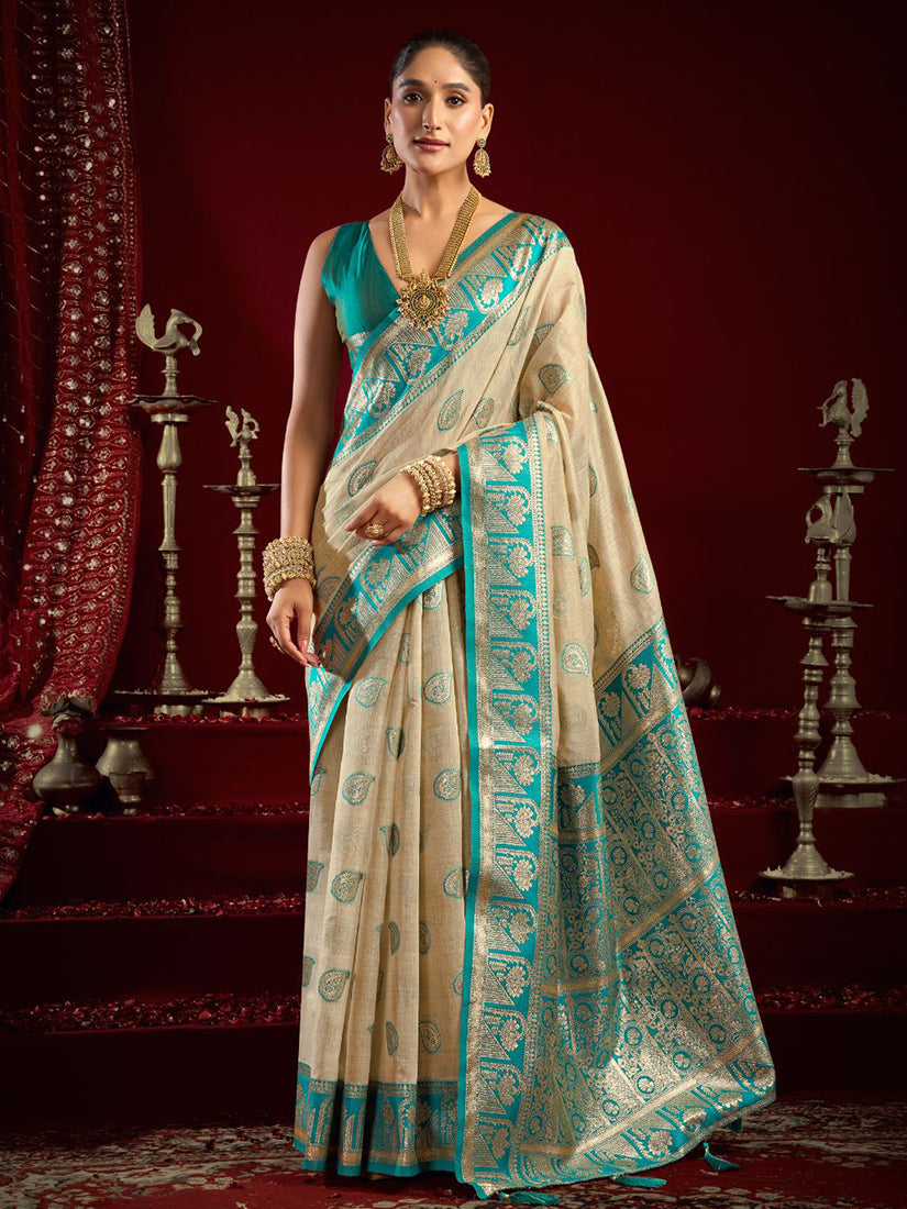 Monjolika Fashion Cream Soft Banarasi Silk Blend Zari Woven Saree With Blouse Piece | Grocsy