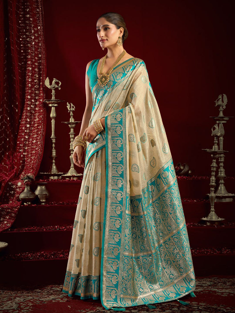 Monjolika Fashion Cream Soft Banarasi Silk Blend Zari Woven Saree With Blouse Piece | Grocsy