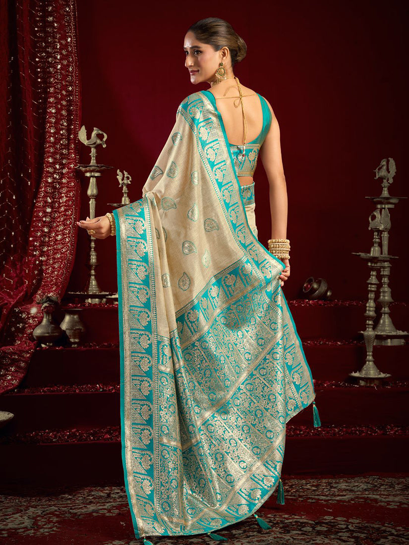 Monjolika Fashion Cream Soft Banarasi Silk Blend Zari Woven Saree With Blouse Piece | Grocsy