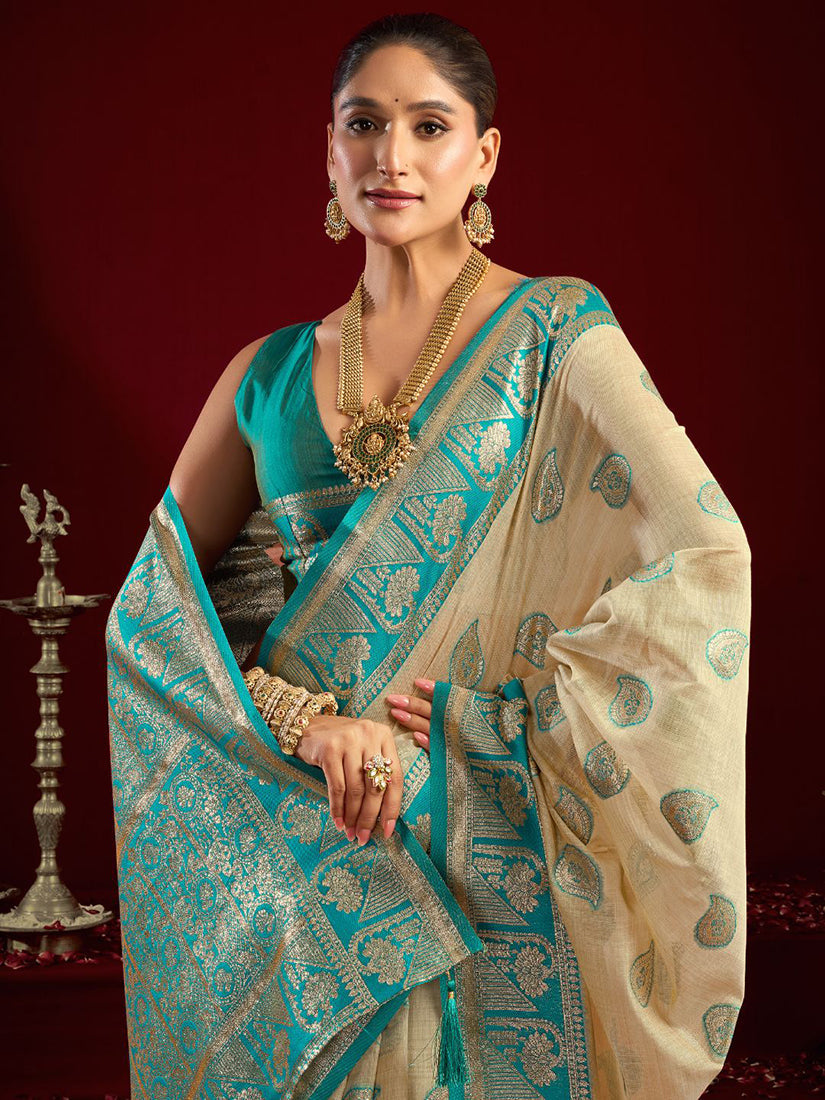 Monjolika Fashion Cream Soft Banarasi Silk Blend Zari Woven Saree With Blouse Piece | Grocsy