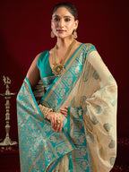 Monjolika Fashion Cream Soft Banarasi Silk Blend Zari Woven Saree With Blouse Piece | Grocsy