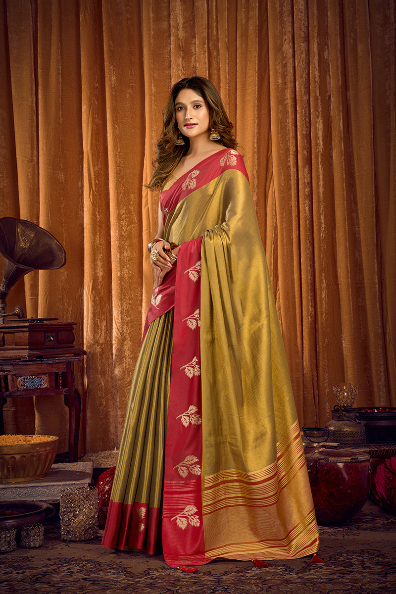 Monjolika Fashion Golden Olive Green Soft Tissue Silk Blend Saree with Red Woven Border | Grocsy